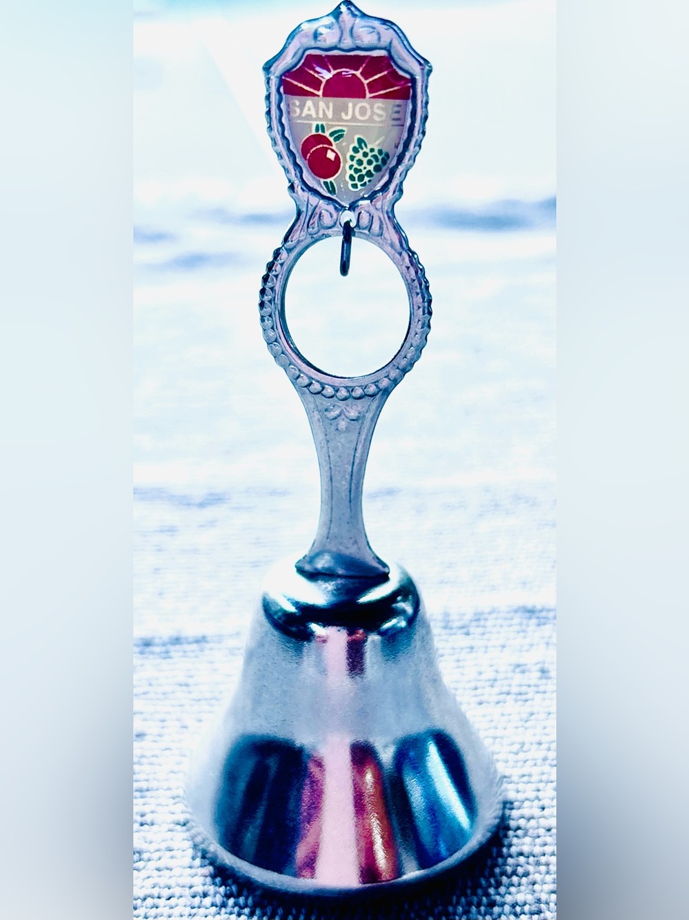 Elegant San Jose with Sunrise & Fruit Silver Tone Miniature Decorative Bell -